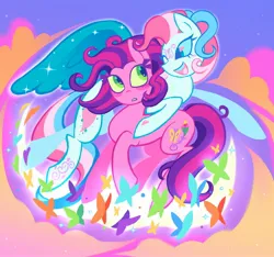 Size: 1600x1496 | Tagged: safe, artist:poppyr0ckz, derpibooru import, butterfly, earth pony, insect, pegasus, g3, cloud, duo, image, jpeg, open mouth, smiling