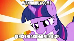 Size: 888x499 | Tagged: suggestive, derpibooru import, edit, edited screencap, screencap, twilight sparkle, pony, unicorn, a bird in the hoof, caption, image, image macro, jpeg, meme, penis enlargement pill, pill, solo, text, unicorn twilight