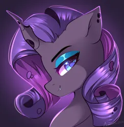Size: 1497x1541 | Tagged: safe, artist:airiniblock, derpibooru import, rarity, changeling, pony, bust, changelingified, digital art, eye clipping through hair, female, gradient background, horn, icon, image, looking at you, looking back, looking back at you, mare, png, purple background, purple changeling, purple eyes, purple mane, rcf community, signature, simple background, solo, species swap