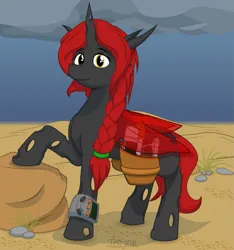 Size: 1125x1200 | Tagged: safe, artist:terminalhash, derpibooru import, oc, oc:scarlett storm, changeling, pony, fallout equestria, commission, holster, image, laser pistol, pipbuck, png, rock, sand, solo, vector, wasteland, weapon