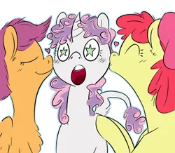 Size: 1280x1114 | Tagged: safe, artist:pencilsandstencils, derpibooru import, apple bloom, scootaloo, sweetie belle, pony, chest fluff, cutie mark crusaders, eyes closed, female, heart, image, jpeg, kissing, lesbian, open mouth, scootabelle, shipping, simple background, starry eyes, sweetiebloom, wingding eyes