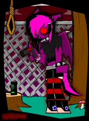 Size: 2138x2882 | Tagged: safe, artist:xxv4mp_g4z3rxx, derpibooru import, oc, oc:violet valium, unofficial characters only, anthro, bat pony, pony, bat pony oc, bat wings, belt, bracelet, clothes, cloud, collar, drink, ear piercing, emo, energy drink, eyeliner, fangs, gate, grass, gun, hoodie, hospital band, image, makeup, monster energy, mushroom, nonbinary, noose, open mouth, piercing, png, scar, self harm, self harm scars, shoes, socks, solo, spiked collar, spiked wristband, striped socks, tail, torn clothes, tree, tree stump, two toned mane, two toned tail, weapon, wings, wristband