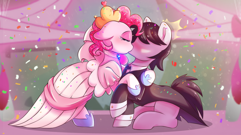 Size: 1280x720 | Tagged: safe, artist:tikrs007, derpibooru import, pinkie pie, oc, earth pony, pony, blushing, clothes, crown, dress, image, jewelry, kissing, marriage, png, regalia, smiling, veil, wedding, wedding dress