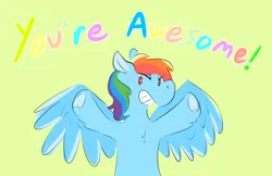 Size: 1250x812 | Tagged: safe, artist:pencilsandstencils, derpibooru import, rainbow dash, pegasus, pony, image, jpeg, looking at you, simple background, solo, spread wings, text, wings