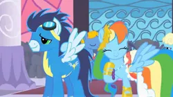 Size: 2160x1210 | Tagged: safe, derpibooru import, screencap, rainbow dash, soarin', pegasus, pony, the best night ever, canterlot, canterlot castle, castle, clothes, dress, eyes closed, female, gala dress, gown, grand galloping gala, image, jpeg, male, mare, stallion, uniform, wonderbolts uniform