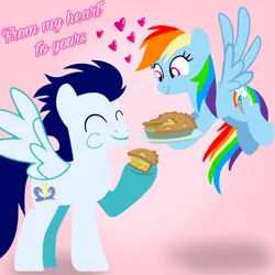Size: 1400x1400 | Tagged: safe, artist:mlplary6, derpibooru import, rainbow dash, soarin', pegasus, pony, eating, eyes closed, female, flying, food, heart, image, love, male, mare, pie, png, shipping, smiling, soarindash, stallion, straight, text