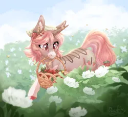 Size: 2490x2282 | Tagged: safe, artist:doekitty, derpibooru import, oc, pony, basket, female, food, image, mare, mouth hold, png, solo, strawberry