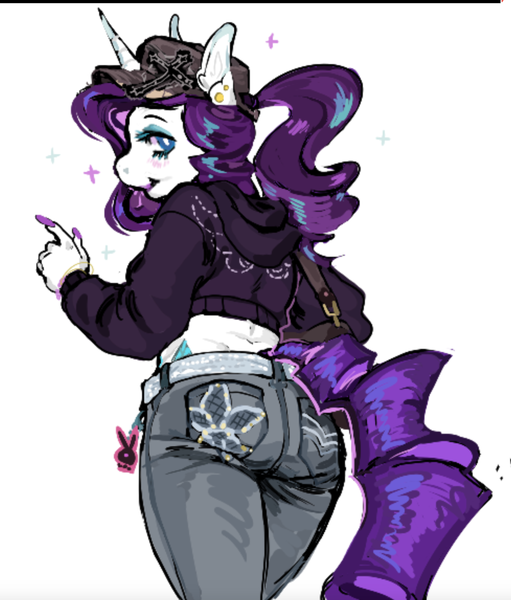 Size: 1280x1502 | Tagged: safe, artist:dahlia3tears, derpibooru import, rarity, anthro, pony, unicorn, ass, baseball cap, butt, cap, clothes, denim, female, g4, hat, hoodie, image, jeans, long nails, looking at you, looking back, looking back at you, mare, pants, png, ponytail, rearity, simple background, solo, white background