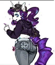Size: 1280x1502 | Tagged: safe, artist:dahlia3tears, derpibooru import, rarity, anthro, pony, unicorn, ass, baseball cap, butt, cap, clothes, denim, female, g4, hat, hoodie, image, jeans, long nails, looking at you, looking back, looking back at you, mare, pants, png, ponytail, rearity, simple background, solo, white background