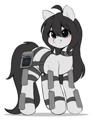 Size: 2074x2776 | Tagged: safe, artist:stablegrass, derpibooru import, oc, oc:milly, earth pony, pony, ahoge, collar, exosuit, female, heart monitor, image, looking at camera, looking at you, mare, png, simple background, smiling, standing, white background