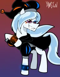 Size: 1317x1692 | Tagged: safe, artist:yamston, derpibooru import, oc, oc:flashy flash, unofficial characters only, earth pony, pony, fanfic:living the dream, 2023, bracelet, cape, clothes, earth pony oc, eyeshadow, fanfic art, hat, image, jester hat, jewelry, long mane, looking back, makeup, male, parent:oc:alexander(ltd), parent:trixie, pink eyes, png, raised hoof, smiling, solo, stallion, two toned hair, white coat