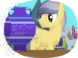 Size: 1724x1302 | Tagged: safe, artist:equestriaexploration, derpibooru import, check mate, crystal pony, pony, atg 2023, image, newbie artist training grounds, png, sand arrow, solo focus, vase