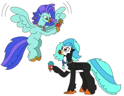 Size: 3016x2336 | Tagged: safe, artist:supahdonarudo, derpibooru import, oc, oc:icebeak, oc:sea lilly, unofficial characters only, classical hippogriff, hippogriff, atg 2023, camera, duo, flying, food, holding, image, jewelry, necklace, newbie artist training grounds, png, simple background, snowcone, transparent background