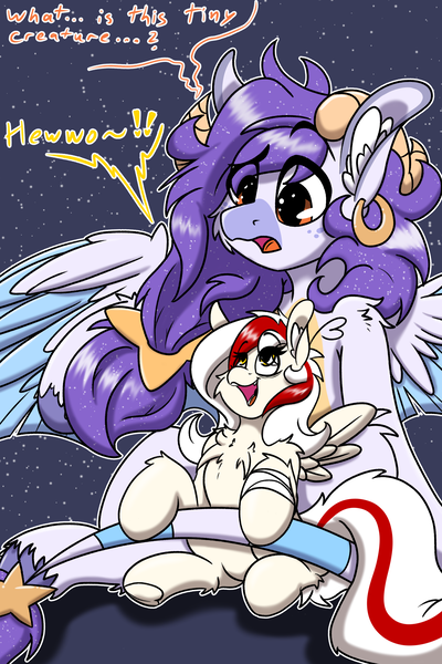 Size: 2000x3000 | Tagged: safe, artist:aryn, derpibooru import, oc, oc:awya lightfeather, oc:galaxytrail, unofficial characters only, pegasus, pony, chest fluff, confused, ear piercing, earring, horns, image, jewelry, pegasus oc, piercing, png, simple background, sitting, size difference, smiling, tail, two toned mane, two toned tail, wings