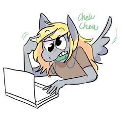 Size: 1280x1193 | Tagged: safe, artist:stevetwisp, derpibooru import, derpy hooves, anthro, pegasus, chewing, computer, eating, image, laptop computer, png, simple background, solo, spread wings, stimming, white background, wings