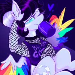 Size: 2000x2000 | Tagged: safe, artist:dankpegasista, derpibooru import, oc, oc:lunar dash, unofficial characters only, pegasus, pony, semi-anthro, angle, bangs, black and white mane, closed eye, clothes, colored eyelashes, colored lineart, colored wings, drinking, ear fluff, ear piercing, eyebrows, faded cutie mark, feathered wings, female, fishnet clothing, full body, goth, gradient background, gradient eyes, heart, heart eyes, high res, highlights, image, jewelry, long eyelashes, looking at you, lying down, mare, mug, multicolored wings, on back, one eye closed, open mouth, out of frame, piercing, png, ponytail, rainbow wings, raised hoof, shading, shiny mane, shiny skin, shirt, short shirt, signature, simple background, smiling, smiling at you, solo, spread wings, starry eyes, sternocleidomastoid, teeth, text, text on clothing, text on shirt, wall of tags, wing hands, wingding eyes, wings, wink, winking at you