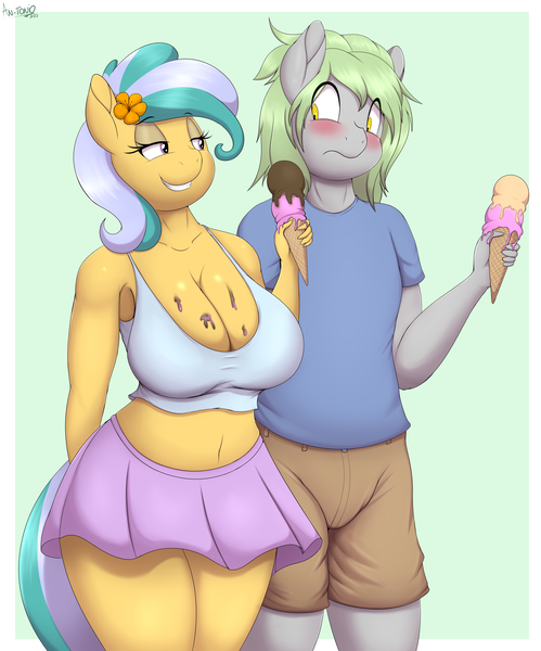 Size: 3579x4300 | Tagged: suggestive, artist:an-tonio, derpibooru import, oc, oc:onyx, oc:pacific breeze, anthro, blushing, breasts, cleavage, clothes, food, ice cream, ice cream cone, image, innuendo, oc x oc, png, shipping, shirt, skirt