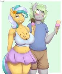 Size: 3579x4300 | Tagged: suggestive, artist:an-tonio, derpibooru import, oc, oc:onyx, oc:pacific breeze, anthro, blushing, breasts, cleavage, clothes, food, ice cream, ice cream cone, image, innuendo, oc x oc, png, shipping, shirt, skirt