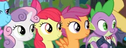 Size: 840x319 | Tagged: safe, derpibooru import, screencap, apple bloom, cup cake, scootaloo, spike, sweetie belle, dragon, earth pony, pegasus, pony, unicorn, the big mac question, bowtie, clothes, cropped, cutie mark crusaders, female, formal wear, image, jpeg, male, smiling, sweet apple acres, tuxedo, winged spike, wings