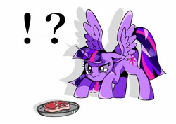Size: 1754x1240 | Tagged: safe, alternate version, artist:stacy_165cut, derpibooru import, twilight sparkle, twilight sparkle (alicorn), alicorn, pony, confused, exclamation point, food, image, interrobang, jpeg, meat, question mark, solo, spread wings, steak, wings