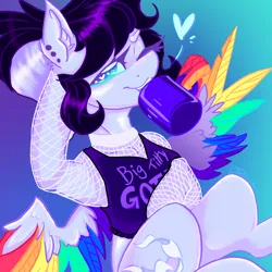Size: 2000x2000 | Tagged: safe, alternate version, artist:dankpegasista, derpibooru import, oc, oc:lunar dash, unofficial characters only, pegasus, pony, semi-anthro, angle, bangs, black and white mane, closed eye, clothes, colored eyelashes, colored lineart, colored wings, derpibooru exclusive, drinking, ear fluff, ear piercing, eyebrows, faded cutie mark, feathered wings, female, fishnet clothing, full body, goth, gradient background, gradient eyes, heart, heart eyes, high res, highlights, image, jewelry, long eyelashes, looking at you, lying down, mare, mug, multicolored wings, on back, one eye closed, open mouth, out of frame, piercing, png, ponytail, rainbow wings, raised hoof, shading, shiny mane, shiny skin, shirt, short shirt, signature, simple background, smiling, smiling at you, solo, spread wings, starry eyes, sternocleidomastoid, teeth, text, text on clothing, text on shirt, wall of tags, wing hands, wingding eyes, wings, wink, winking at you