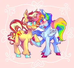 Size: 500x456 | Tagged: safe, artist:furbey, derpibooru import, rainbow dash, sunset shimmer, pegasus, pony, unicorn, blushing, colored hooves, duo, female, holding hooves, image, lesbian, looking at each other, looking at someone, png, shipping, sunsetdash, tongue out