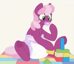 Size: 2057x1791 | Tagged: suggestive, artist:shuphle, derpibooru import, cheerilee, earth pony, pony, adult foal, blocks, cheeribetes, cute, diaper, diaper fetish, eyebrows, eyebrows visible through hair, female, fetish, high res, image, lying down, pacifier, pen, png, poofy diaper, simple background, smiling, solo, white background