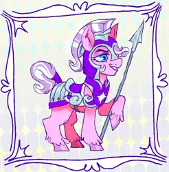 Size: 500x508 | Tagged: safe, artist:furbey, derpibooru import, diamond tiara, earth pony, pony, armor, captain, image, older, png, royal guard armor, solo, spear, weapon