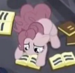 Size: 426x420 | Tagged: safe, derpibooru import, screencap, pinkie pie, earth pony, pony, season 5, the cutie map, book, curled up, cute, diapinkes, equal cutie mark, female, image, indoctrination hut, jpeg, mare, reading, sad, sadorable, sitting, solo
