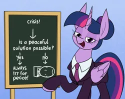 Size: 1528x1208 | Tagged: safe, artist:moonatik, derpibooru import, twilight sparkle, twilight sparkle (alicorn), alicorn, pony, abstract background, alternate hairstyle, atomic bomb, chalkboard, clothes, diplomacy, female, folded wings, hair bun, image, mare, necktie, nuclear weapon, png, raised hoof, shirt, solo, suit, weapon, wings