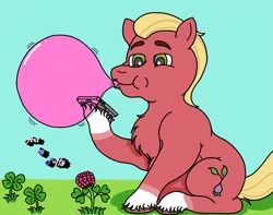 Size: 2489x1960 | Tagged: safe, artist:puffydearlysmith, derpibooru import, sprout cloverleaf, earth pony, pony, g5, bubblegum, chest fluff, chubby, clover, food, four leaf clover, grass, gum, image, male, mobile phone, phone, png, smartphone, solo, stallion, unshorn fetlocks