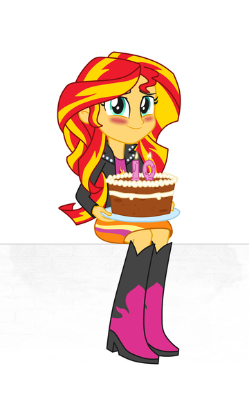 Size: 1440x2400 | Tagged: safe, artist:moogood, derpibooru import, sunset shimmer, human, equestria girls, blushing, boots, cake, clothes, derpibooru exclusive, equestria girls 10th anniversary, female, food, image, looking at you, png, shoes, simple background, sitting, smiling, smiling at you, solo, solo female, white background