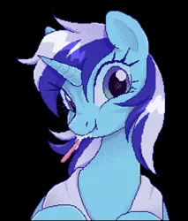 Size: 564x663 | Tagged: safe, artist:g4bby4ka, derpibooru import, minuette, pony, unicorn, black background, brushing teeth, bust, cute, dithering, image, looking at you, pixel art, png, simple background, solo, toothbrush