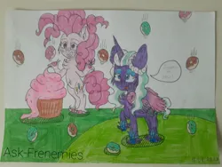 Size: 4096x3072 | Tagged: safe, artist:ask-frenemies, derpibooru import, pinkie pie, alicorn, earth pony, pony, g5, my little pony: tell your tale, the ending of the end, spoiler:g5, alternate scenario, bell, chaos pinkie, chocolate, chocolate rain, cupcake, donut, food, g4, g5 to g4, generation leap, giant cupcake, giant pony, grin, grogar's bell, i've seen fire and i've seen rain (bows), image, jewelry, jpeg, macro, opaline arcana, open mouth, rain, smiling, unamused