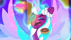 Size: 3072x1727 | Tagged: safe, derpibooru import, screencap, alicorn, pony, g5, my little pony: tell your tale, spoiler:g5, spoiler:my little pony: tell your tale, spoiler:tyts01e54, donut, eyes closed, female, food, i've seen fire and i've seen rain (bows), image, jpeg, mare, opaline arcana, open mouth, solo, spread wings, wings