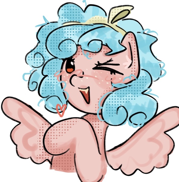Size: 1086x1098 | Tagged: safe, artist:stanleyiffer, derpibooru import, cozy glow, pegasus, pony, bust, image, jpeg, one eye closed, open mouth, simple background, smiling, solo, spread wings, white background, wings, wink