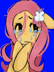 Size: 1620x2160 | Tagged: safe, artist:stanleyiffer, derpibooru import, fluttershy, pegasus, pony, blue background, bust, crying, hairpin, image, jpeg, simple background, solo