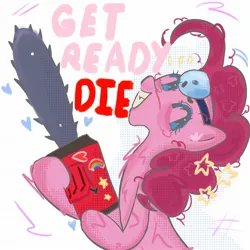 Size: 2048x2048 | Tagged: safe, artist:stanleyiffer, derpibooru import, pinkie pie, earth pony, pony, bust, chainsaw, image, jpeg, smiling, solo, text