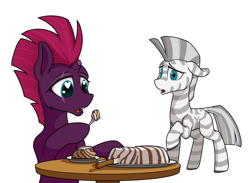 Size: 8200x6000 | Tagged: safe, artist:dacaoo, derpibooru import, tempest shadow, oc, pony, unicorn, zebra, absurd resolution, bipedal, broken horn, cake, colored pupils, concerned, duo, eating, enjoying, eye scar, facial scar, floppy ears, food, fork, heart, heart eyes, horn, image, knife, looking at someone, looking at something, open mouth, png, raised hoof, scar, shading, shocked, shocked expression, shocked eyes, simple background, standing, teeth, transparent background, wingding eyes, zebra oc