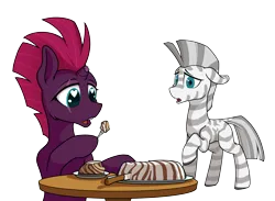 Size: 8200x6000 | Tagged: safe, artist:dacaoo, derpibooru import, tempest shadow, oc, pony, unicorn, zebra, absurd resolution, bipedal, broken horn, cake, colored pupils, concerned, duo, eating, enjoying, eye scar, facial scar, floppy ears, food, fork, heart, heart eyes, horn, image, knife, looking at someone, looking at something, open mouth, png, raised hoof, scar, shading, shocked, shocked expression, shocked eyes, simple background, standing, teeth, transparent background, wingding eyes, zebra oc