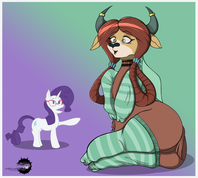 Size: 2000x1798 | Tagged: suggestive, alternate version, artist:ianmata1998, derpibooru import, rarity, yona, pony, unicorn, yak, butt, chibi, clothes, cute, duo, duo female, female, image, older, older yona, png, socks, textless version, yonadorable