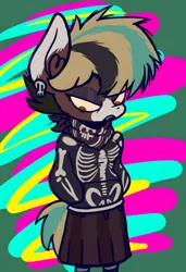 Size: 2440x3560 | Tagged: safe, artist:kenn, derpibooru import, oc, oc:ribs, anthro, pegasus, annoyed, bandana, clothes, cute, ear piercing, earring, fangs, female, hoodie, image, jewelry, jpeg, leggings, piercing, skeleton hoodie, skirt, solo, spiky mane, teenager