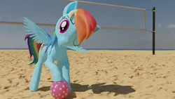 Size: 1920x1080 | Tagged: safe, artist:belligerent_drunk, derpibooru import, rainbow dash, 3d, ball, beach, image, jpeg, looking at you, ocean, one eye closed, sand, spread wings, volleyball net, water, wings, wink