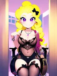 Size: 1296x1728 | Tagged: suggestive, derpibooru import, machine learning generated, surprise, human, equestria girls, g1, ai content, chair, clothes, equestria girls-ified, female, g1 to equestria girls, generation leap, image, lingerie, png, sexy, socks, solo