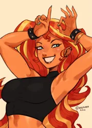 Size: 2039x2850 | Tagged: safe, artist:nire, derpibooru import, sunset shimmer, equestria girls, armpits, bracelet, breasts, ear piercing, earring, equestria girls 10th anniversary, female, freckles, image, jewelry, looking at you, midriff, nail polish, piercing, png, simple background, smiling, smiling at you, solo, spiked wristband, tan lines, tan skin, tanned, wristband
