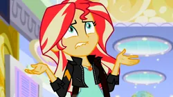 Size: 3072x1727 | Tagged: safe, derpibooru import, screencap, sunset shimmer, human, equestria girls, mirror magic, spoiler:eqg specials, canterlot mall, clothes, female, geode of empathy, image, jacket, jewelry, jpeg, leather, leather jacket, lip bite, magical geodes, necklace, solo