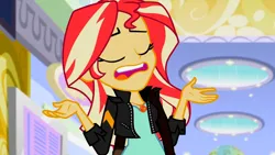 Size: 3072x1727 | Tagged: safe, derpibooru import, screencap, sunset shimmer, human, equestria girls, mirror magic, spoiler:eqg specials, canterlot mall, clothes, eyes closed, female, geode of empathy, image, jacket, jewelry, jpeg, leather, leather jacket, magical geodes, necklace, open mouth, solo
