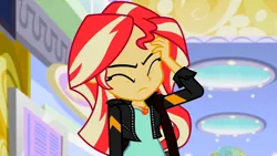 Size: 3072x1727 | Tagged: safe, derpibooru import, screencap, sunset shimmer, human, equestria girls, mirror magic, spoiler:eqg specials, canterlot mall, clothes, eyes closed, female, frown, geode of empathy, image, jacket, jewelry, jpeg, leather, leather jacket, magical geodes, necklace, solo