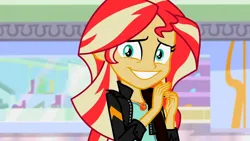 Size: 3072x1727 | Tagged: safe, derpibooru import, screencap, sunset shimmer, human, equestria girls, mirror magic, spoiler:eqg specials, canterlot mall, clothes, female, geode of empathy, grin, image, jacket, jewelry, jpeg, leather, leather jacket, magical geodes, necklace, smiling, solo