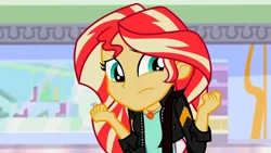 Size: 3072x1727 | Tagged: safe, derpibooru import, screencap, sunset shimmer, human, equestria girls, mirror magic, spoiler:eqg specials, canterlot mall, clothes, female, frown, geode of empathy, image, jacket, jewelry, jpeg, leather, leather jacket, magical geodes, necklace, solo